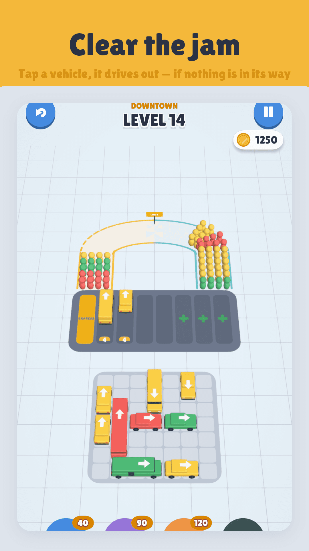 Bumper Jam gameplay: a parking lot full of cars, the bus station and the line of riders
