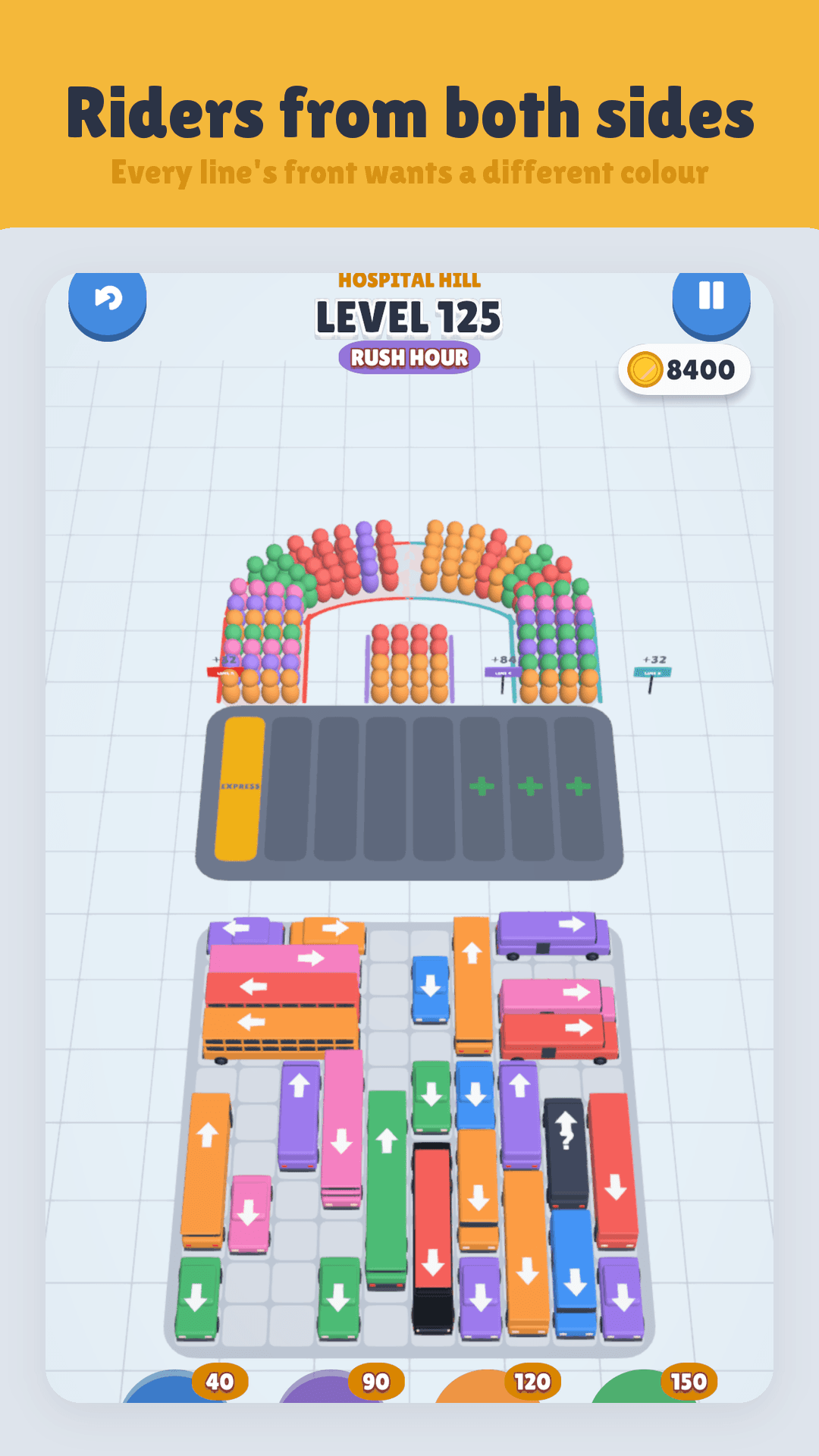 Three lines of riders waiting for buses at once